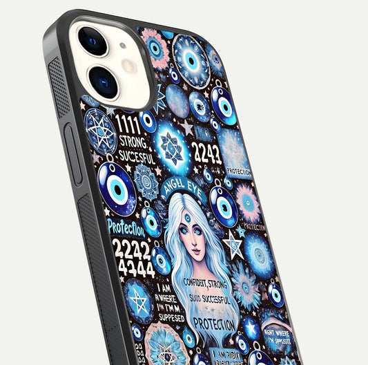 Angel Aura Shield Glass Case for iPhone 12 Mini close-up view capturing aura glow, metallic tones, and shine texture