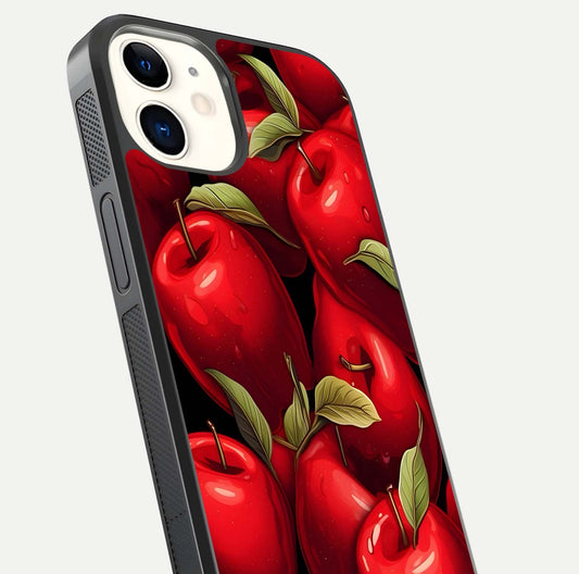 Apple Pattern Glass Case for iPhone 12 Mini close-up angle showing pattern texture and shine reflection