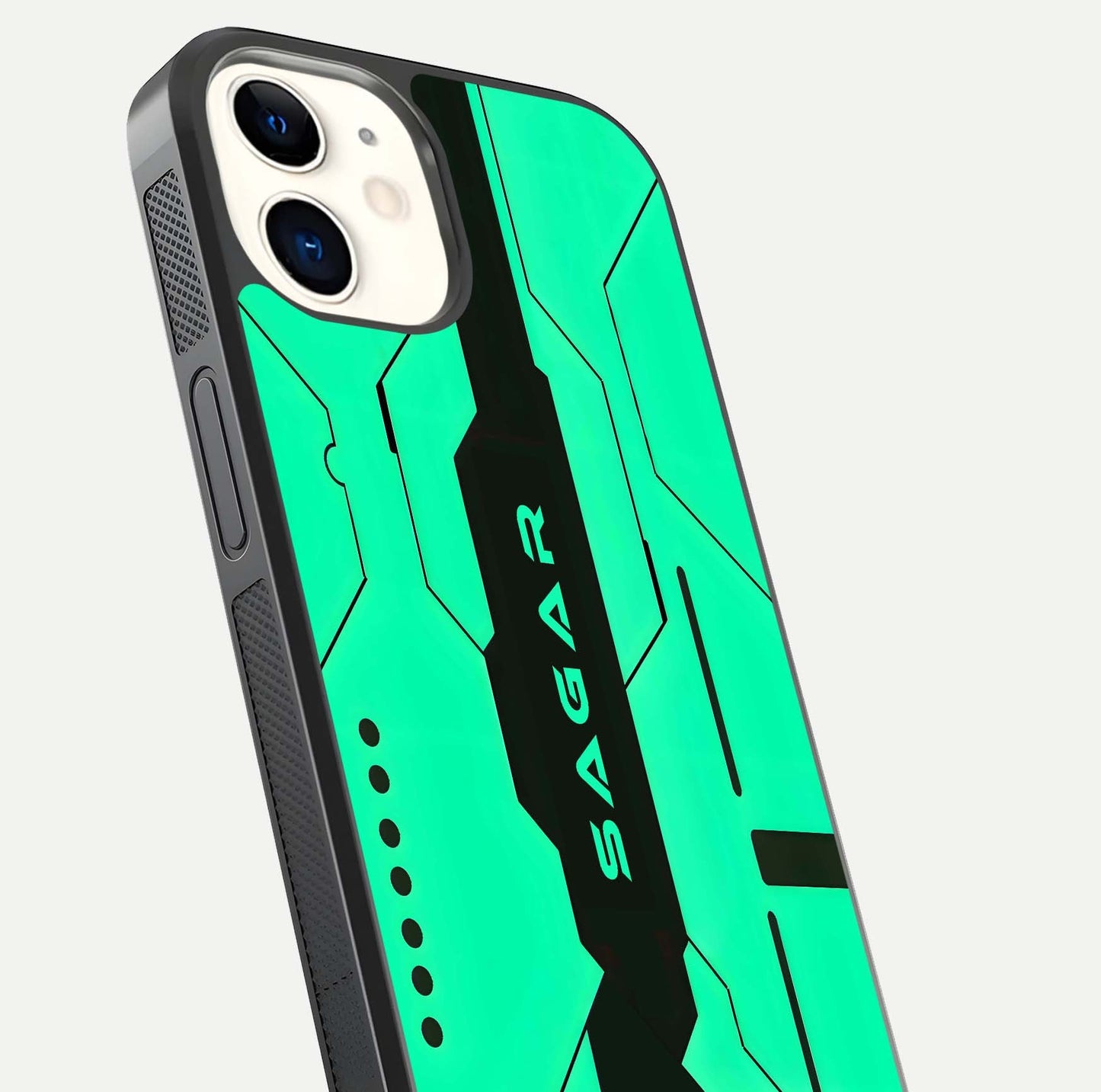 Aqua Tech CYBERPUNK Custom Name Glass Case for iPhone 12 Mini close-up angle showing futuristic blue lights and reflections