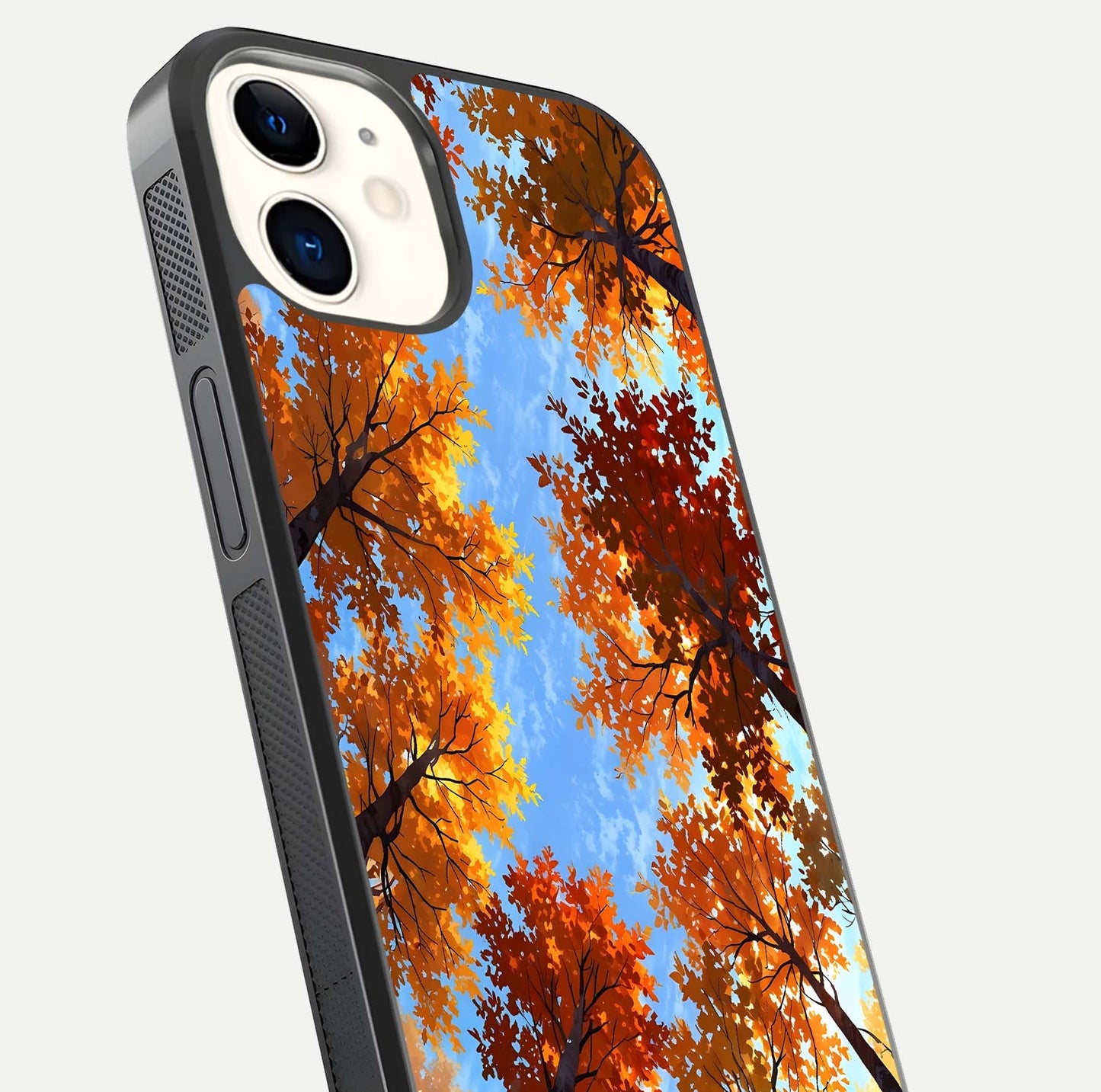 Autumn Sky Rise Glass Case for iPhone 12 Mini close-up shot of autumn tone details and HD shine reflection