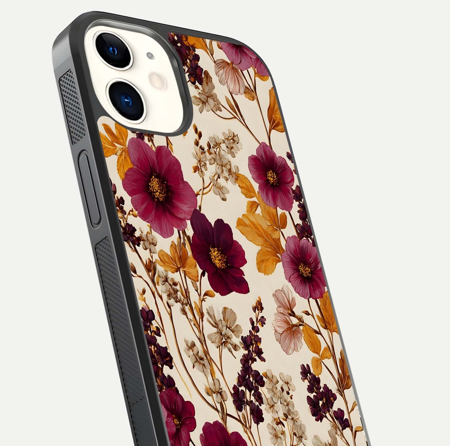 Autumn Wine Bloom Glass Case for iPhone 12 Mini close-up highlighting petal detail and gloss reflection