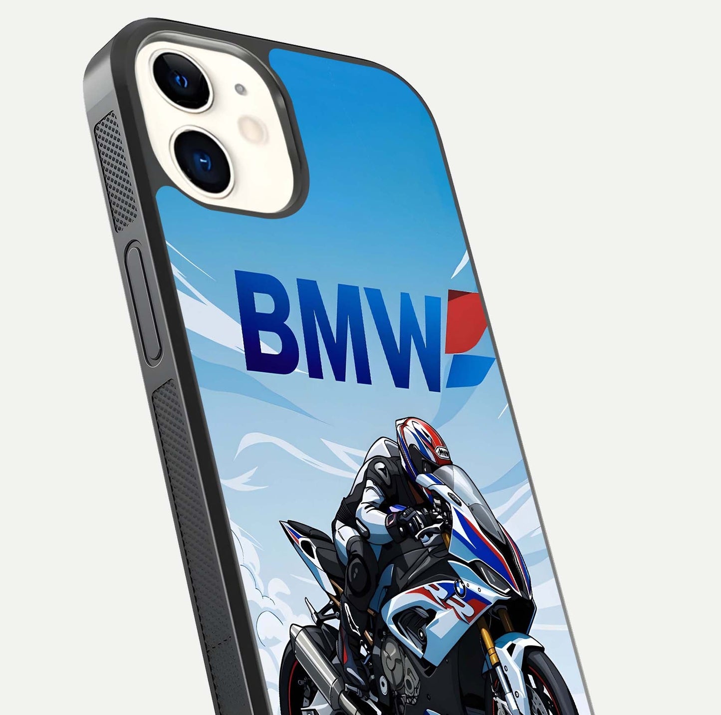 BMW Power Drift Glass Case for iPhone 12 Mini close-up view highlighting motion streaks and gloss shine