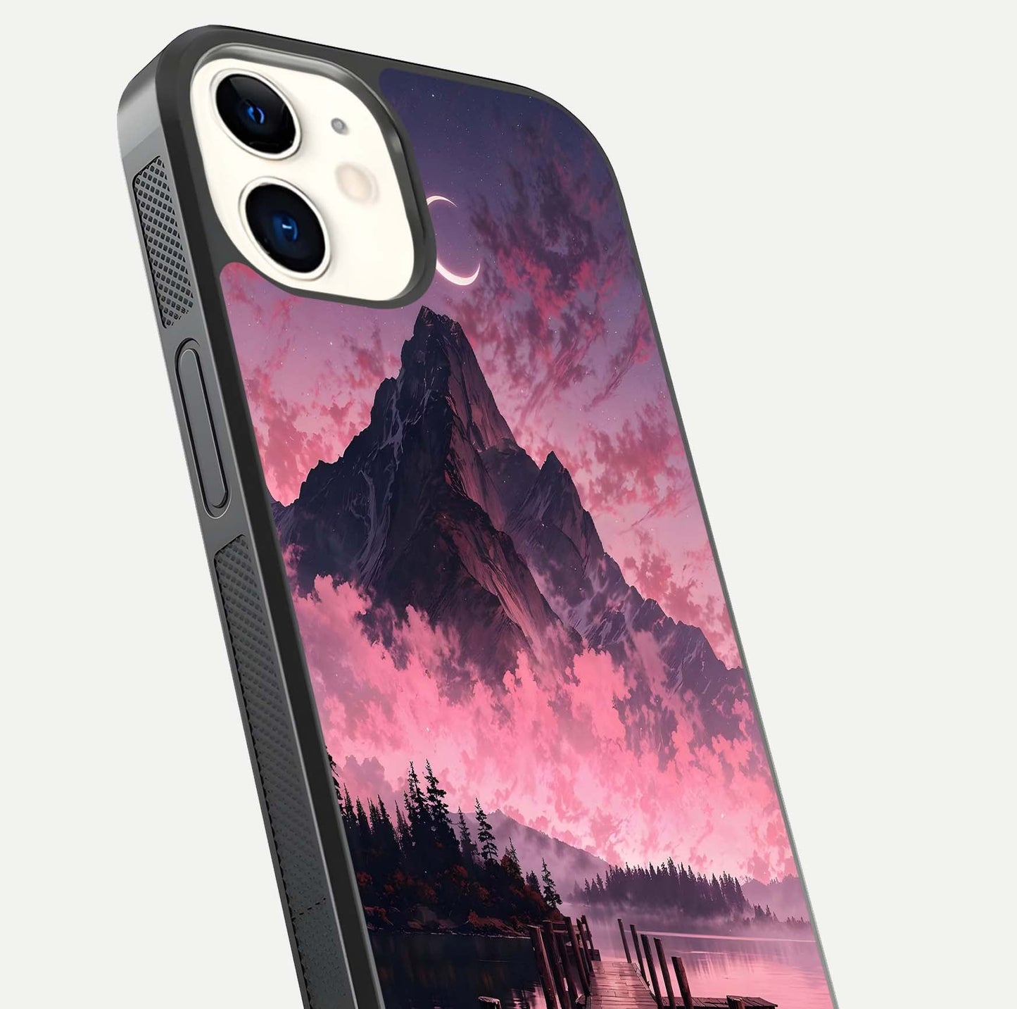 Beautyful Mountain View Glass Case for iPhone 12 Mini close-up angle highlighting landscape details and shine