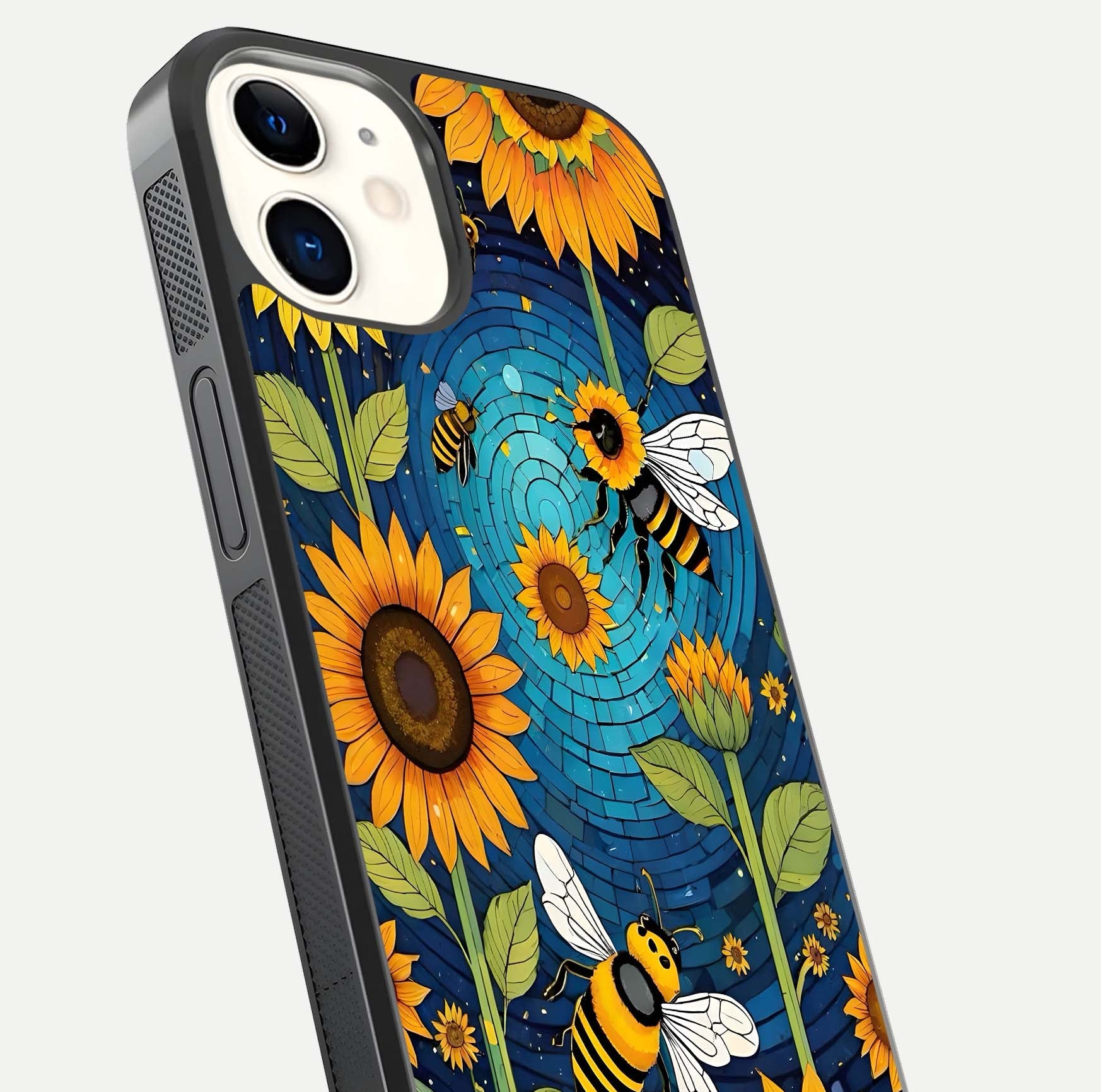 Bees & Sunflowers Glass Case for iPhone 12 Mini close-up angled shot showing detailed petals, bee prints, and glass reflection