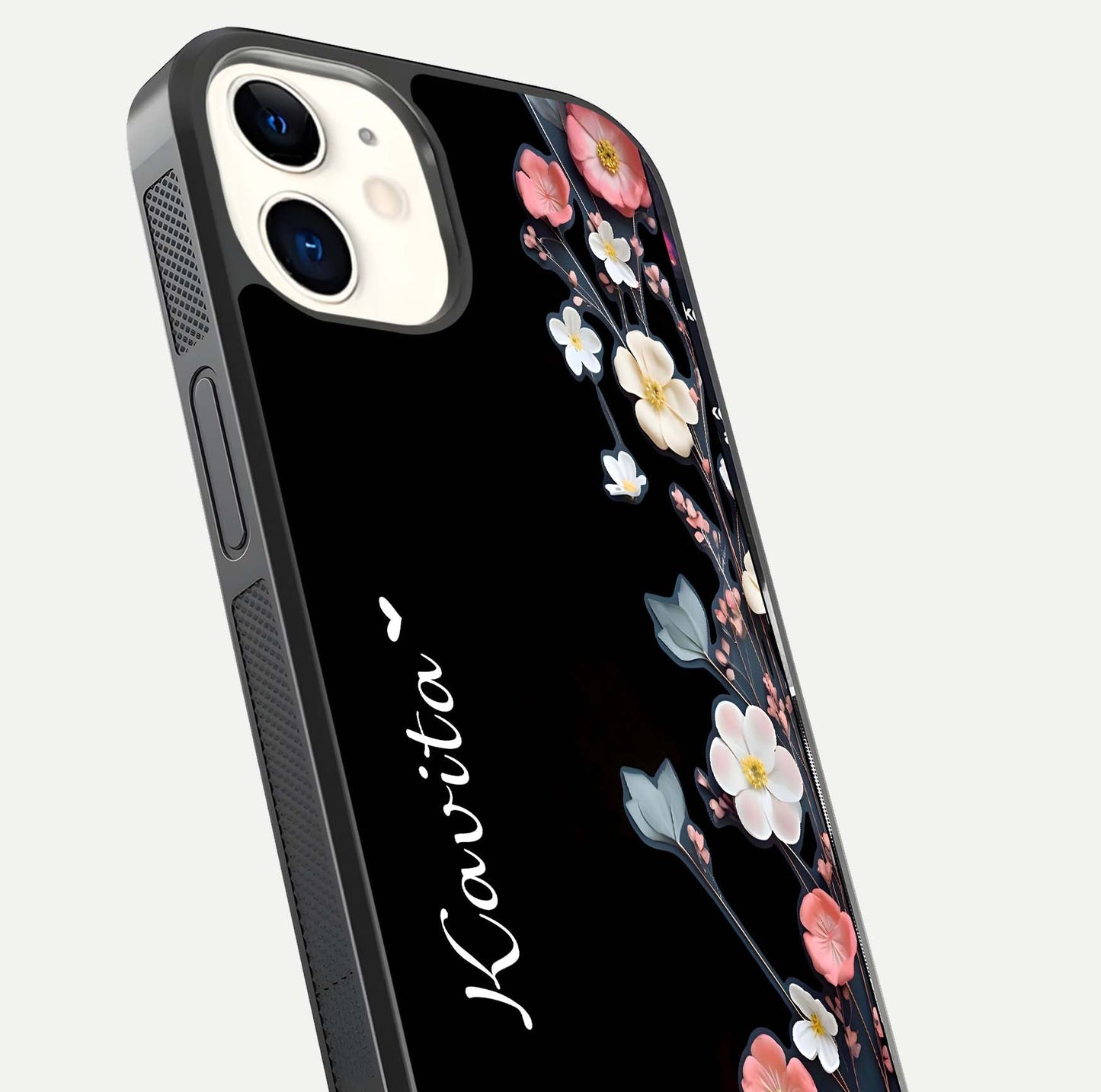 Black Elegance Floral Custom Name Glass Case for iPhone 12 Mini close-up shot showing rose detailing and elegant reflection