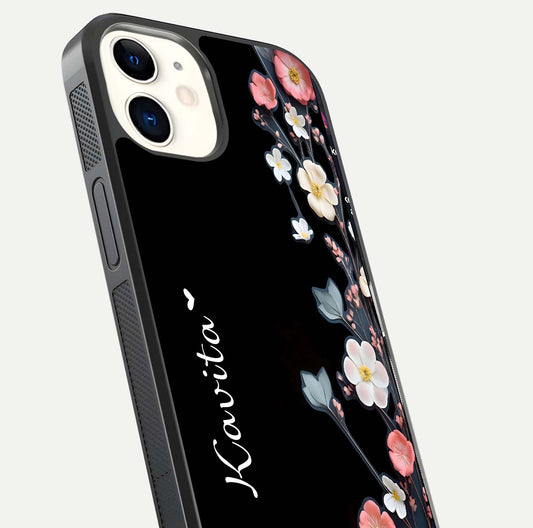 Black Elegance Floral Custom Name Glass Case for iPhone 12 Mini close-up shot showing rose detailing and elegant reflection