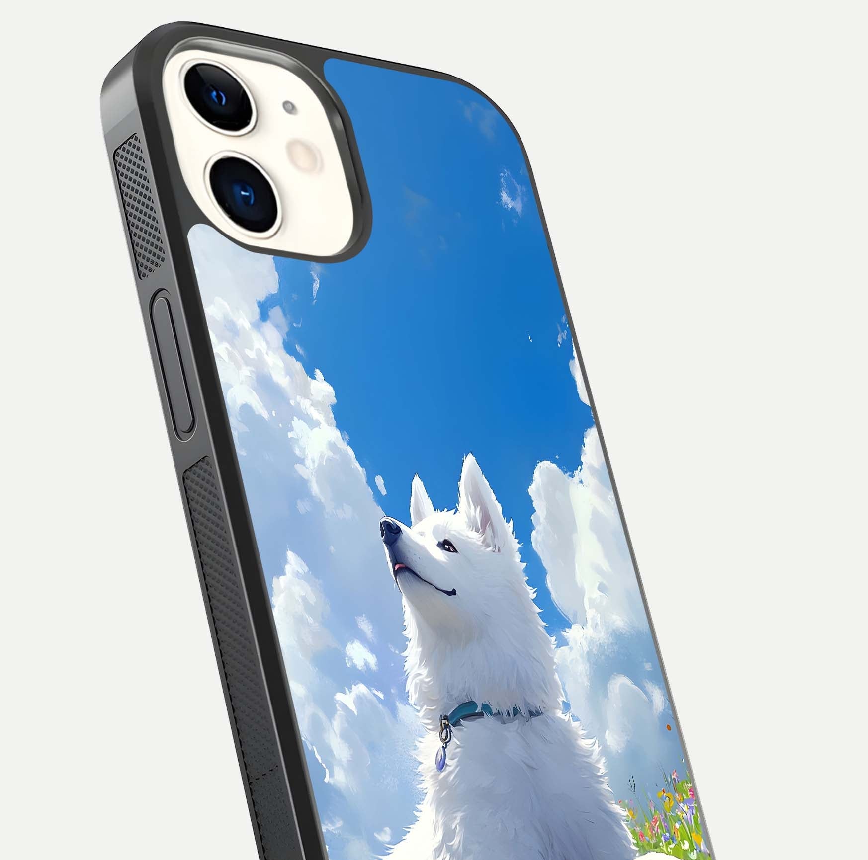 Blissful Cloud Pup Glass Case for iPhone 12 Mini close-up image highlighting puppy details and glossy reflection