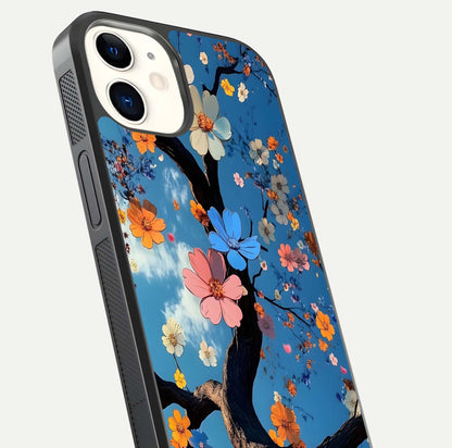 Blossom Dream Sky Glass Case for iPhone 12 Mini close-up shot highlighting dreamlike clouds and pink blossoms