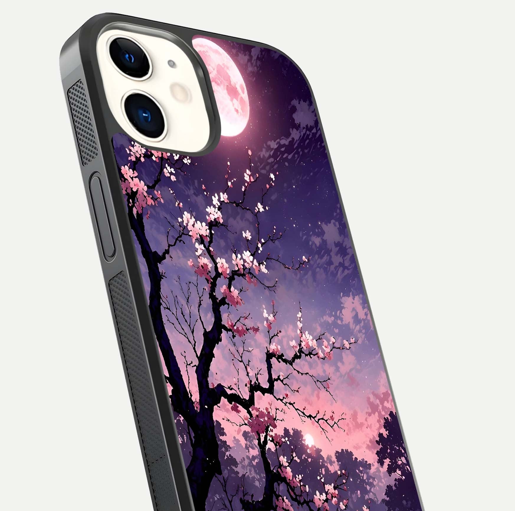 Blossom Pink Moon Glass Case for iPhone 12 Mini close-up shot showing pink tones, moon highlight, and reflection gloss