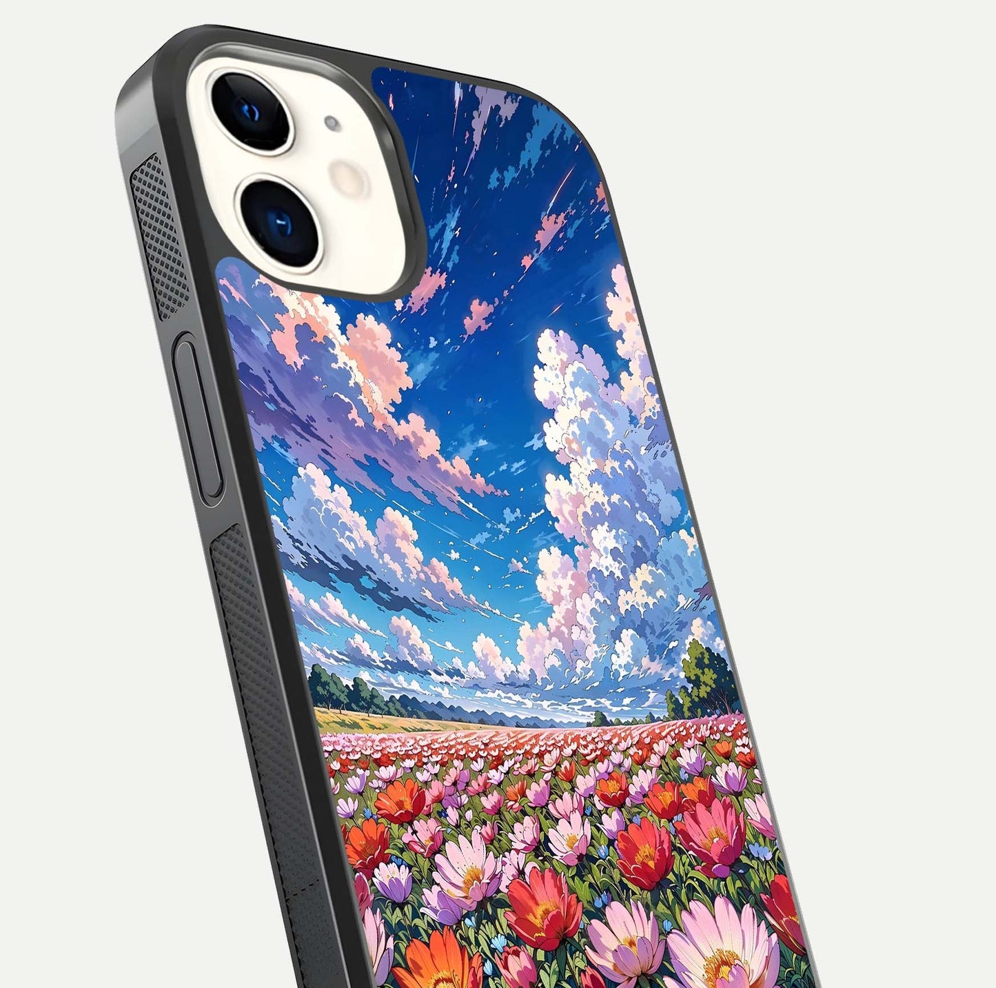 Blossom Sky Field Glass Case for iPhone 12 Mini close-up image showing petal patterns and subtle sky gradient