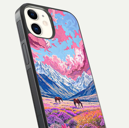 Blossom Valley Dream Glass Case for iPhone 12 Mini close-up view showing detailed flower print and pastel hues