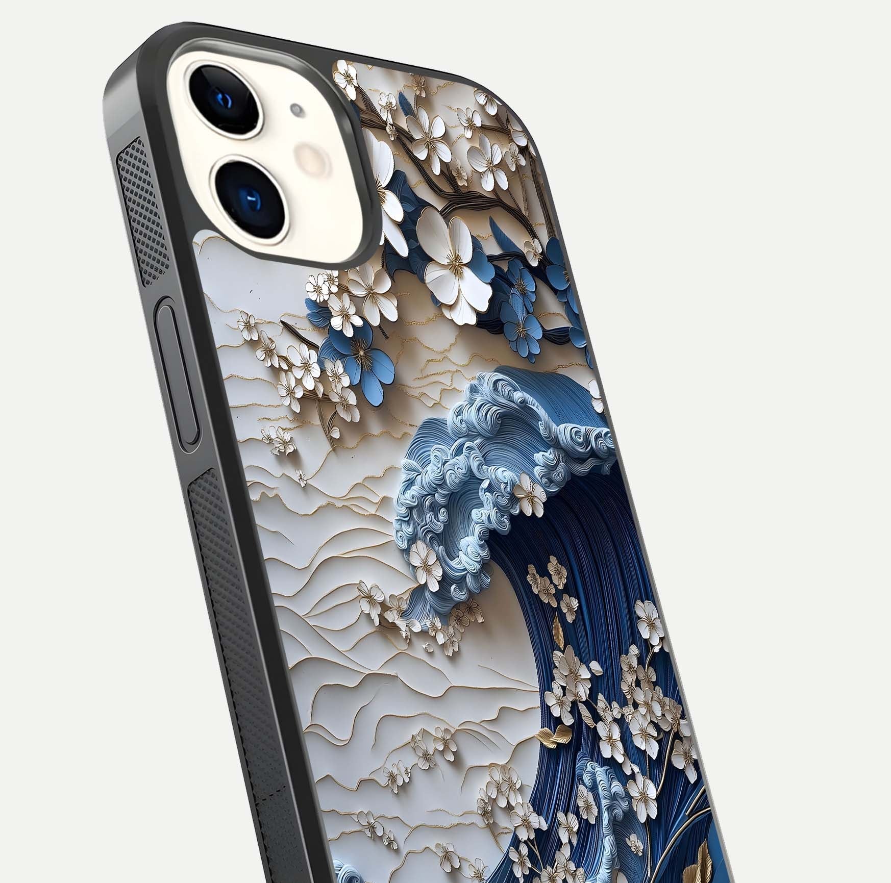 Blossom Wave Art Glass Case for iPhone 12 Mini close-up shot highlighting wave motion in floral art and reflection