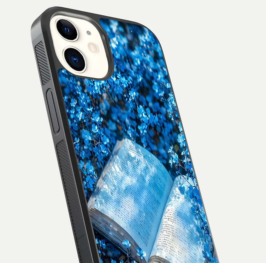 Blue Bloom Tales Glass Case for iPhone 12 Mini close-up angle showing petal texture and blue tone reflection