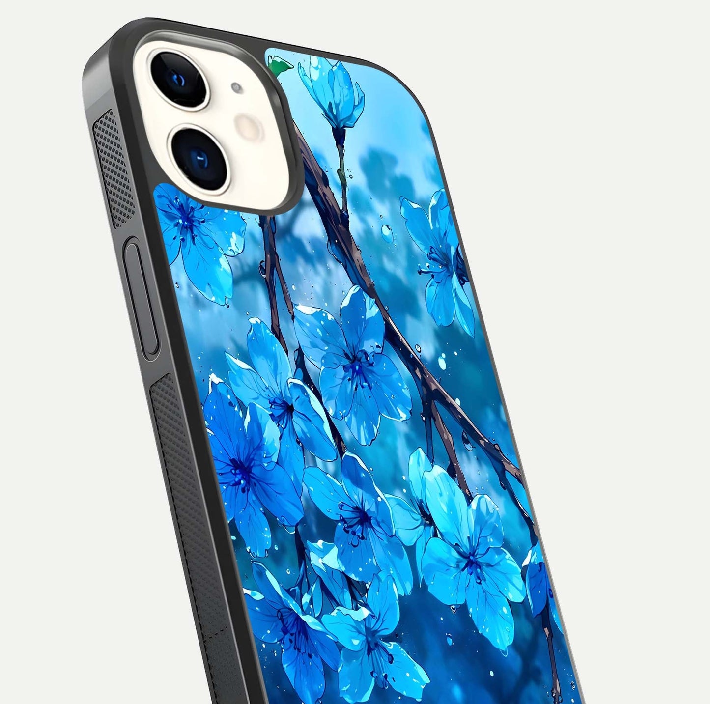 Blue Blossoms Branch Glass Case for iPhone 12 Mini close-up angle highlighting petal details and reflection gloss