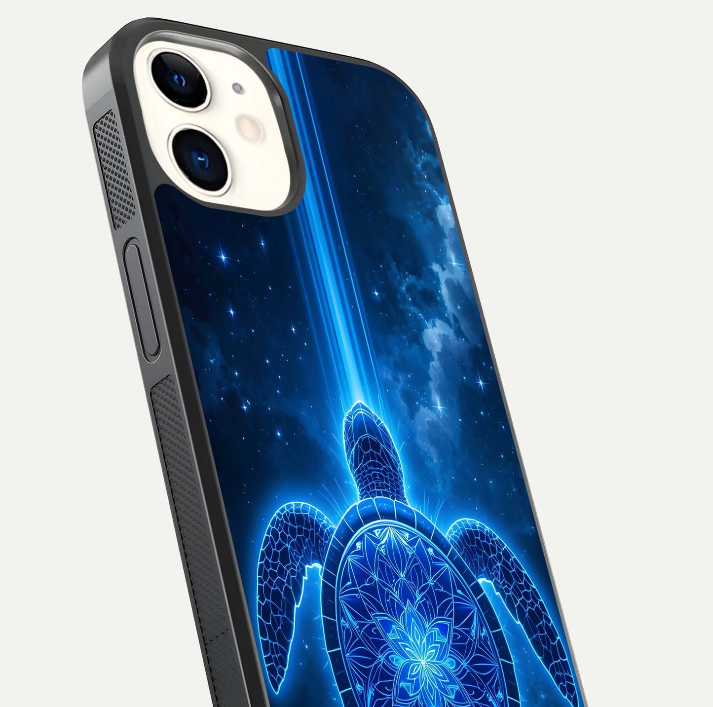 Blue Galaxy Turtle Glass Case for iPhone 12 Mini close-up image showing turtle shell detail and glowing galaxy tones