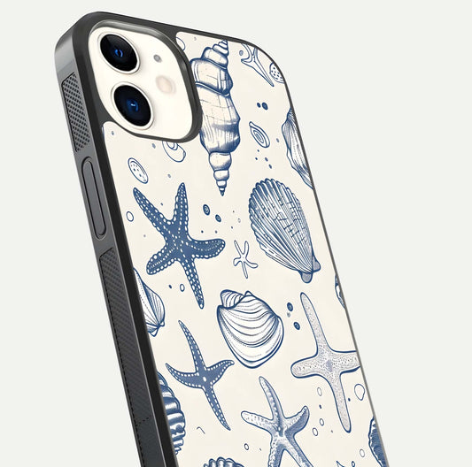 Blue Ocean Outline Glass Case for iPhone 12 Mini close-up shot highlighting line art details and reflection texture