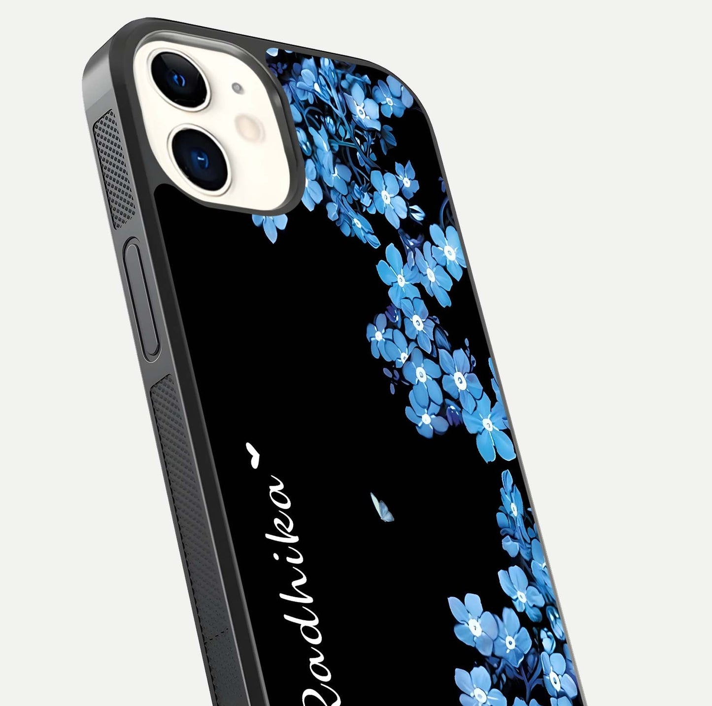Blue Petal Dream Custom Name Glass Case for iPhone 12 Mini close-up highlighting petal texture and gloss reflection