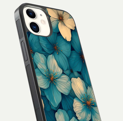 Blue Shade Floral Glass Case for iPhone 12 Mini close-up angle showing flower print precision and reflection