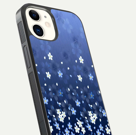 Blue Starry Glass Case for iPhone 12 Mini close-up image highlighting sparkle details and midnight blue gradient