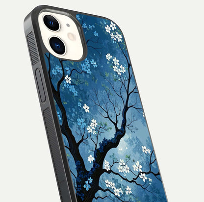 Blue Tree Serenity Glass Case for iPhone 12 Mini close-up view highlighting tree branches and reflection gloss