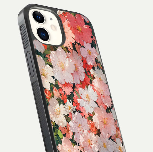 Blush Bloom Field Glass Case for iPhone 12 Mini close-up shot capturing pastel flower field tones and gloss shine