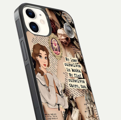 Bookish Dream World Glass Case for iPhone 12 Mini close-up shot highlighting book elements and reflection gloss