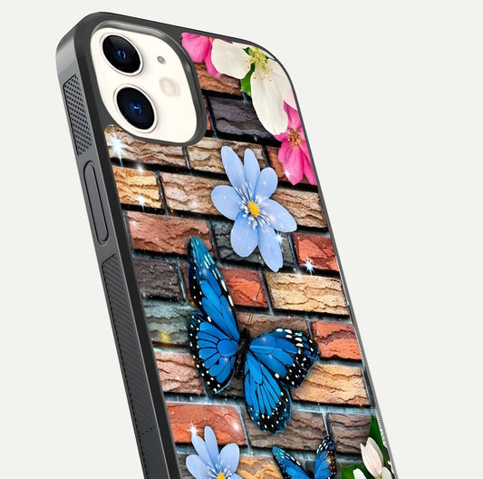 Brick Bloom Flight Glass Case for iPhone 12 Mini close-up angle highlighting flower clusters and reflection detail