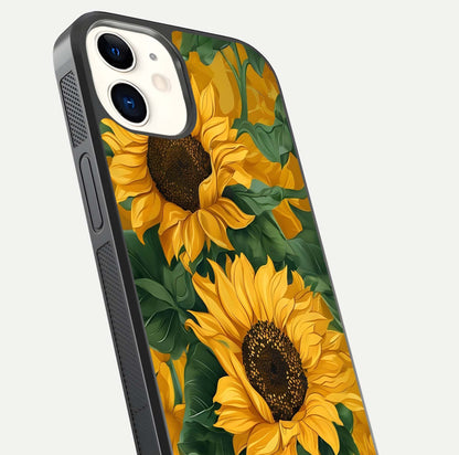 Bright Sunflower Bloom Glass Case for iPhone 12 Mini close-up image highlighting yellow petal detail and HD reflection
