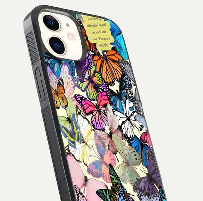 Butterflies Petal Dream Glass Case for iPhone 12 Mini close-up highlighting butterfly wings and pink petal gloss