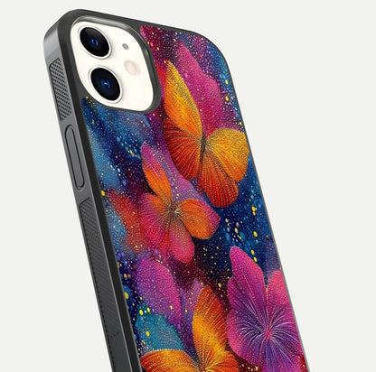 Butterfly Dream Mist Glass Case for iPhone 12 Mini close-up capturing wing pattern detail and glossy finish texture
