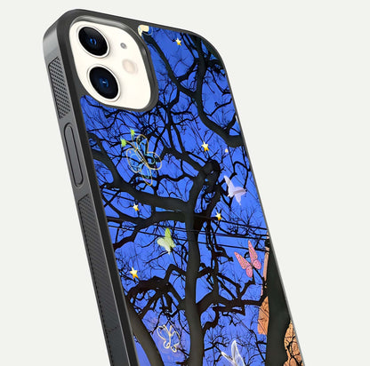 Butterfly Night Magic Glass Case for iPhone 12 Mini close-up highlighting wings reflection and gloss shimmer