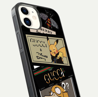 Cartoon Brand Play Mashup Glass Case for iPhone 12 Mini close-up angled shot showing character details and vibrant tones
