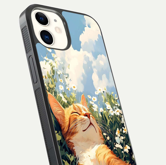 Cat & Flowers View Glass Case for iPhone 12 Mini close-up view highlighting cat expression and petal detail