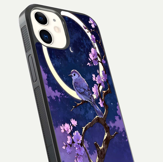 Celestial Bird Blossom Glass Case for iPhone 12 Mini close-up capturing bird detail, petal reflection, and gloss shine