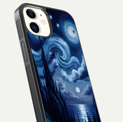 Celestial Dream Van Gogh Glass Case for iPhone 12 Mini close-up view capturing vivid brush details and star reflection