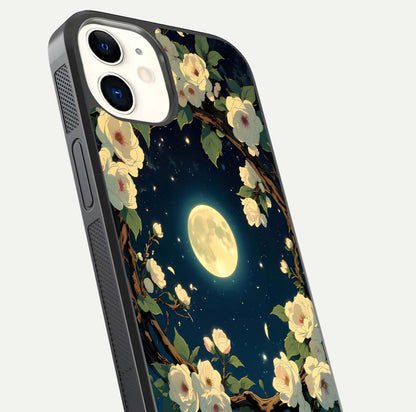 Celestial Moon & Flower Glass Case for iPhone 12 Mini close-up capturing petal reflection and moonlight contrast