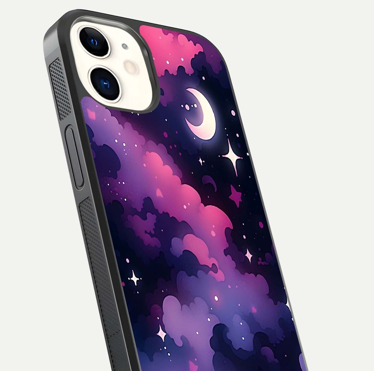 Celestial Moon Magic Glass Case for iPhone 12 Mini close-up view highlighting moon crater detail and glass shine