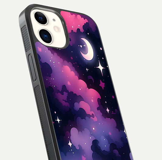 Celestial Moon Magic Glass Case for iPhone 12 Mini close-up view highlighting moon crater detail and glass shine