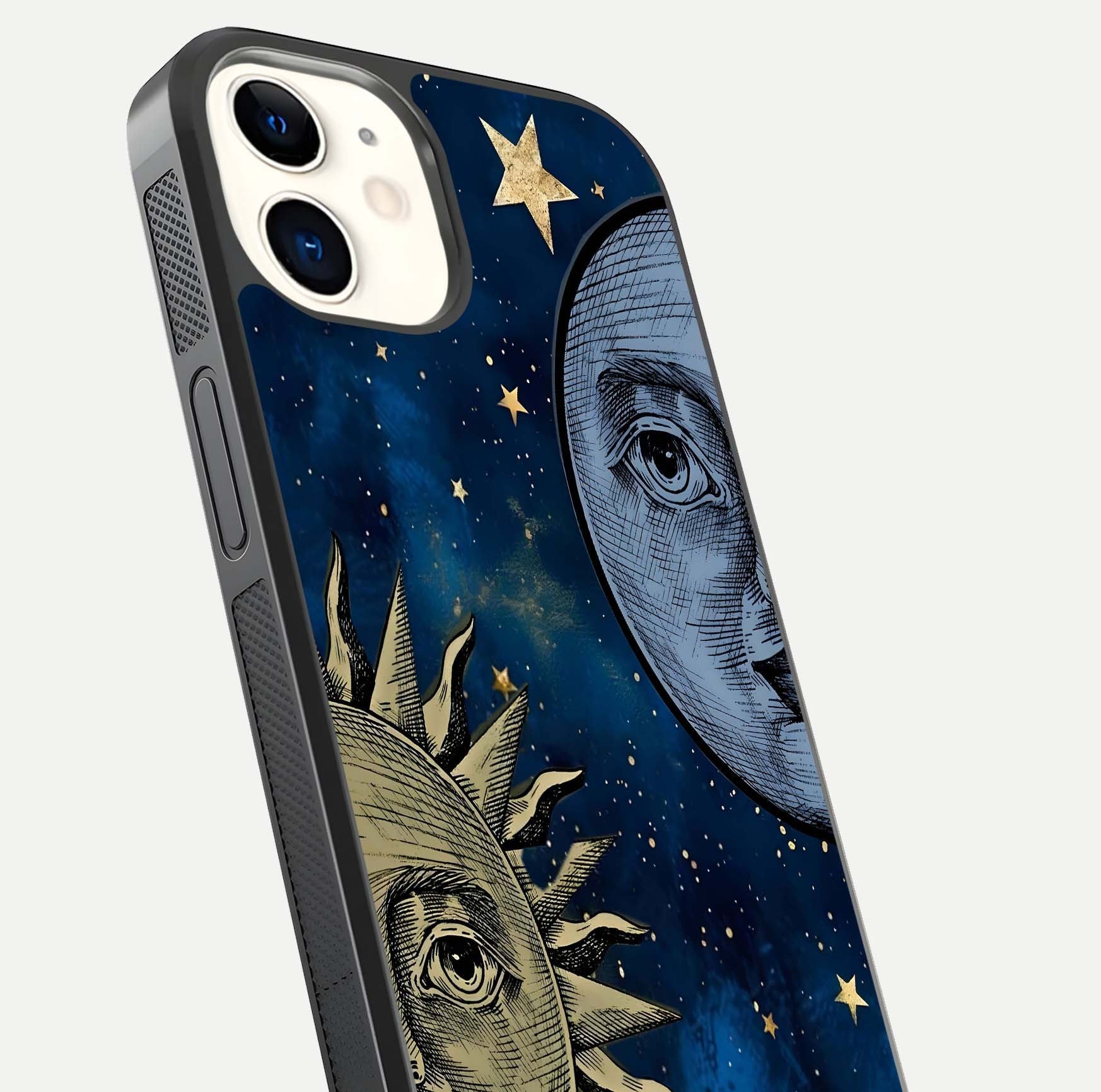 Celestial Moon With Sun Glass Case for iPhone 12 Mini close-up highlighting fine celestial detail and polish reflection