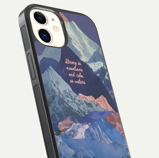 Celestial Mountain Calm Glass Case for iPhone 12 Mini close-up showing peak reflection and HD gloss texture