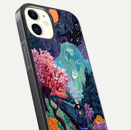 Celestial Train Journey Glass Case for iPhone 12 Mini close-up highlighting train lights, cosmic tones, and reflection detail