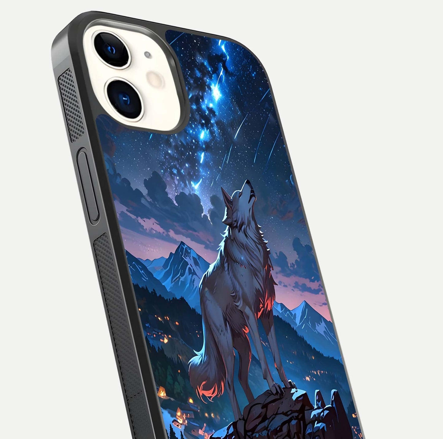 Celestial Wolf Howl Glass Case for iPhone 12 Mini close-up showing wolf silhouette and glowing moon reflection