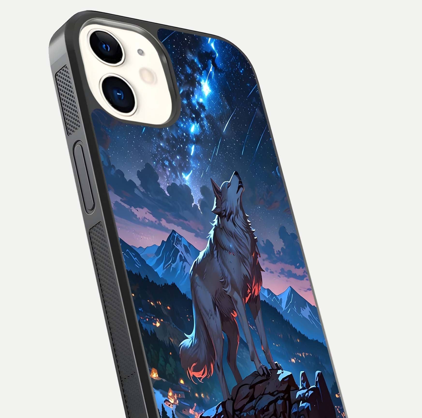 Celestial Wolf Howl Glass Case for iPhone 12 Mini close-up showing wolf silhouette and glowing moon reflection