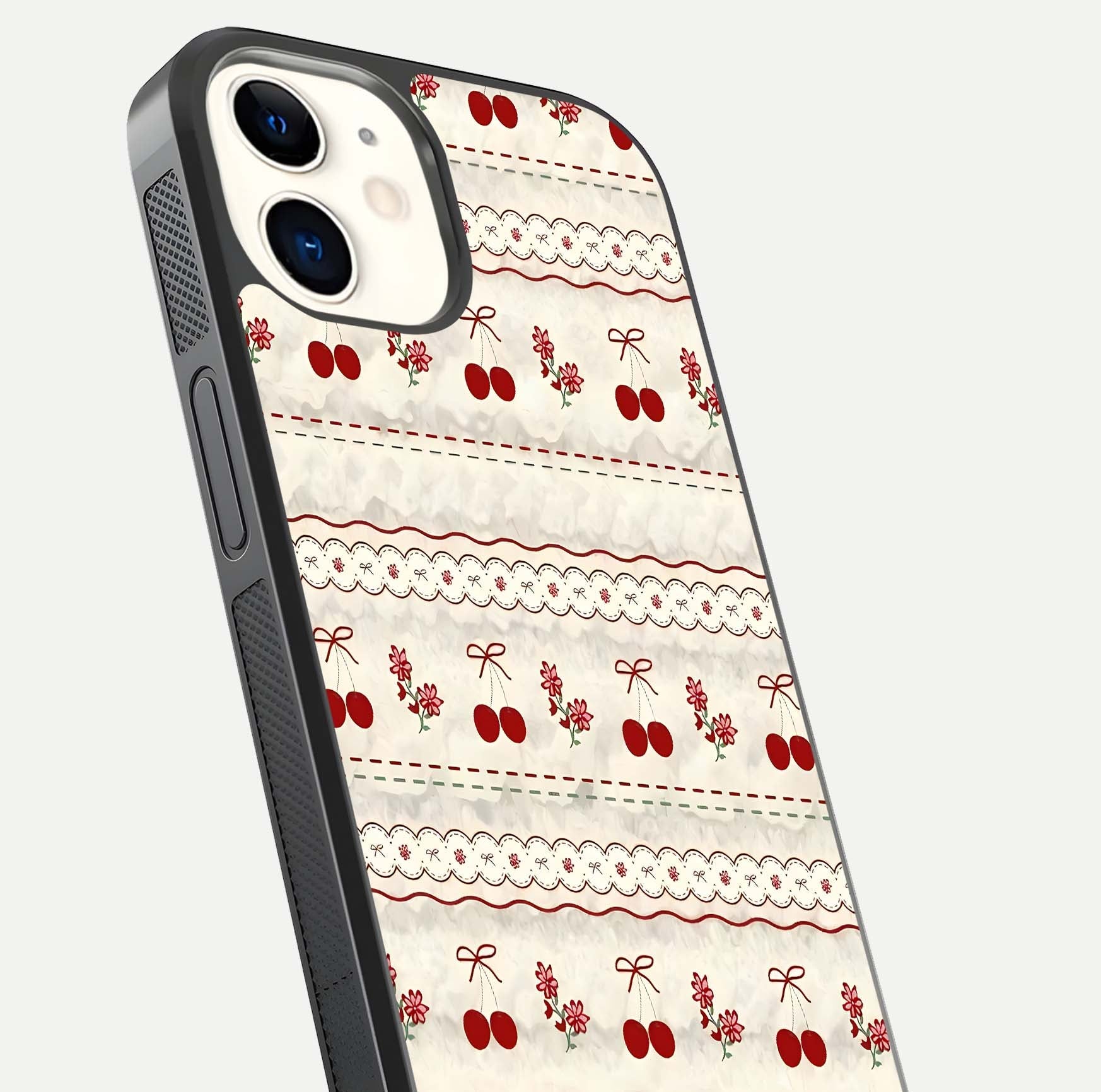 Cherry Bloom Charm Glass Case for iPhone 12 Mini close-up showing pink petals and reflection detail