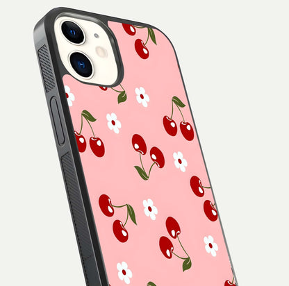 Cherry Love Mood Glass Case for iPhone 12 Mini close-up highlighting cherry heart pattern and reflection shine