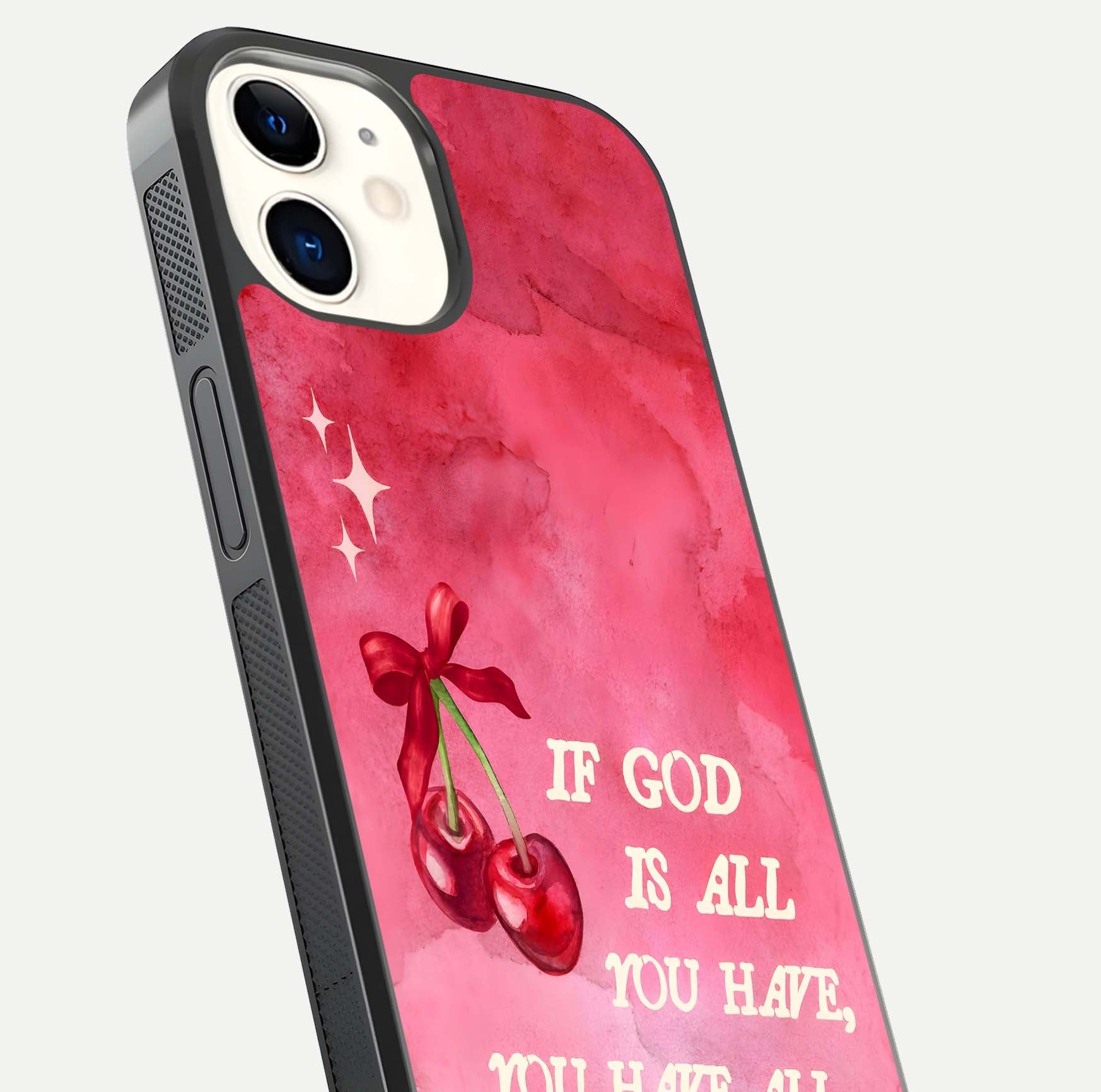 Cherry Quote Glass Case for iPhone 12 Mini close-up showing printed quote detail and HD reflection gloss
