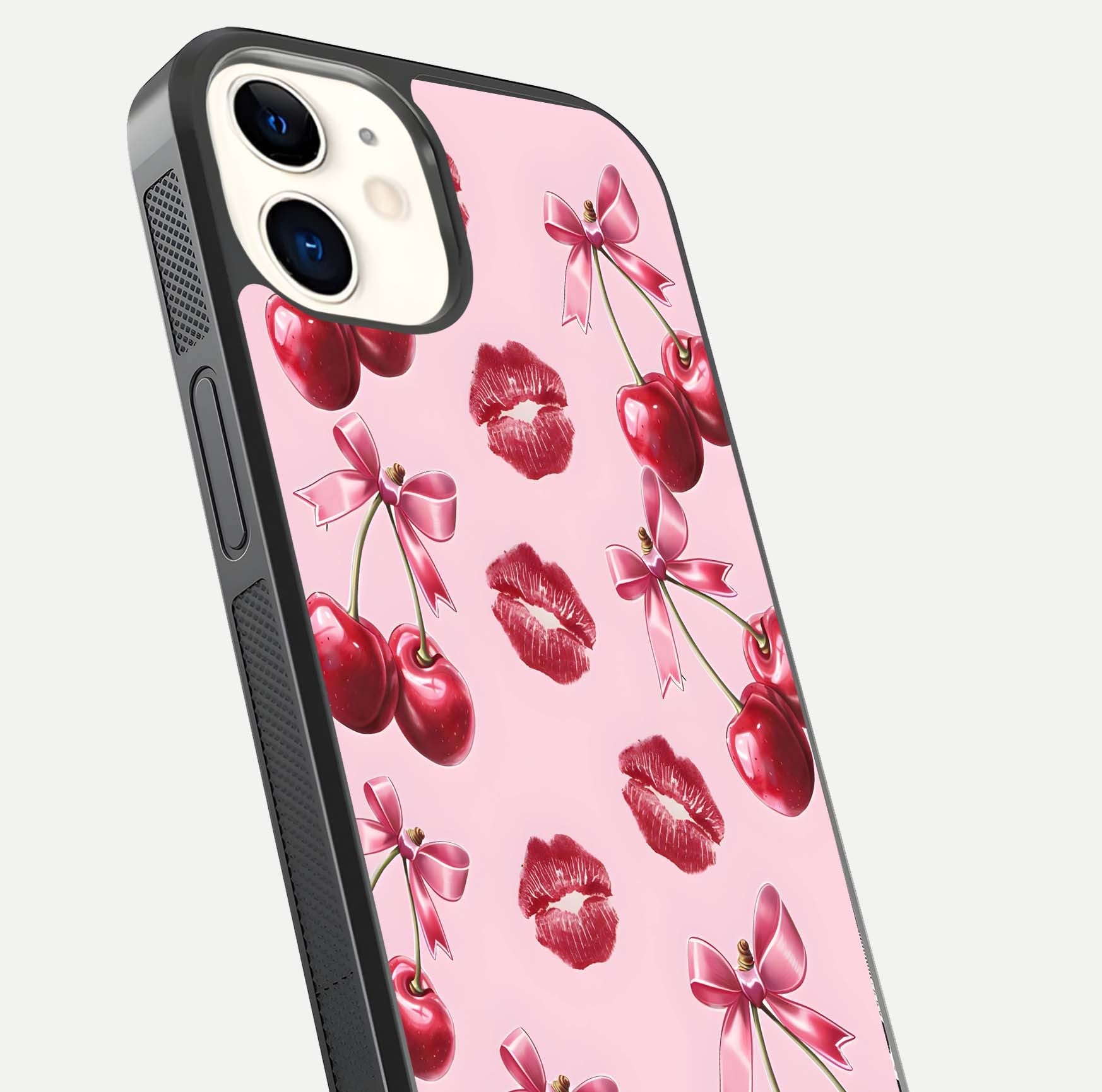Cherry With Lips Glass Case for iPhone 12 Mini close-up view highlighting lips texture and reflection shine