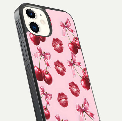 Cherry With Lips Glass Case for iPhone 12 Mini close-up view highlighting lips texture and reflection shine