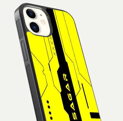 Circuit CYBERPUNK Custom Name Glass Case for iPhone 12 Mini close-up highlighting neon lines, futuristic tones, and gloss reflection