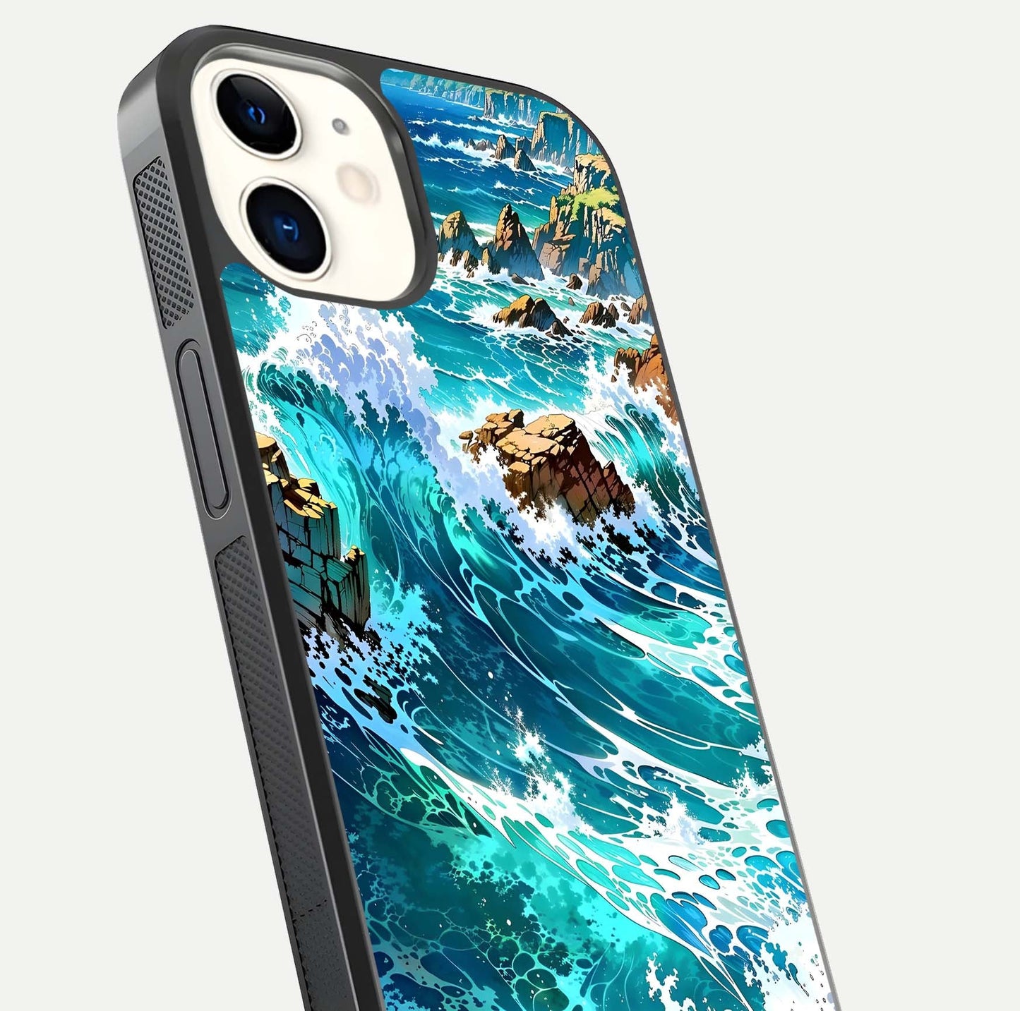 Coastal Blue Waves Glass Case for iPhone 12 Mini close-up highlighting wave texture and blue shine